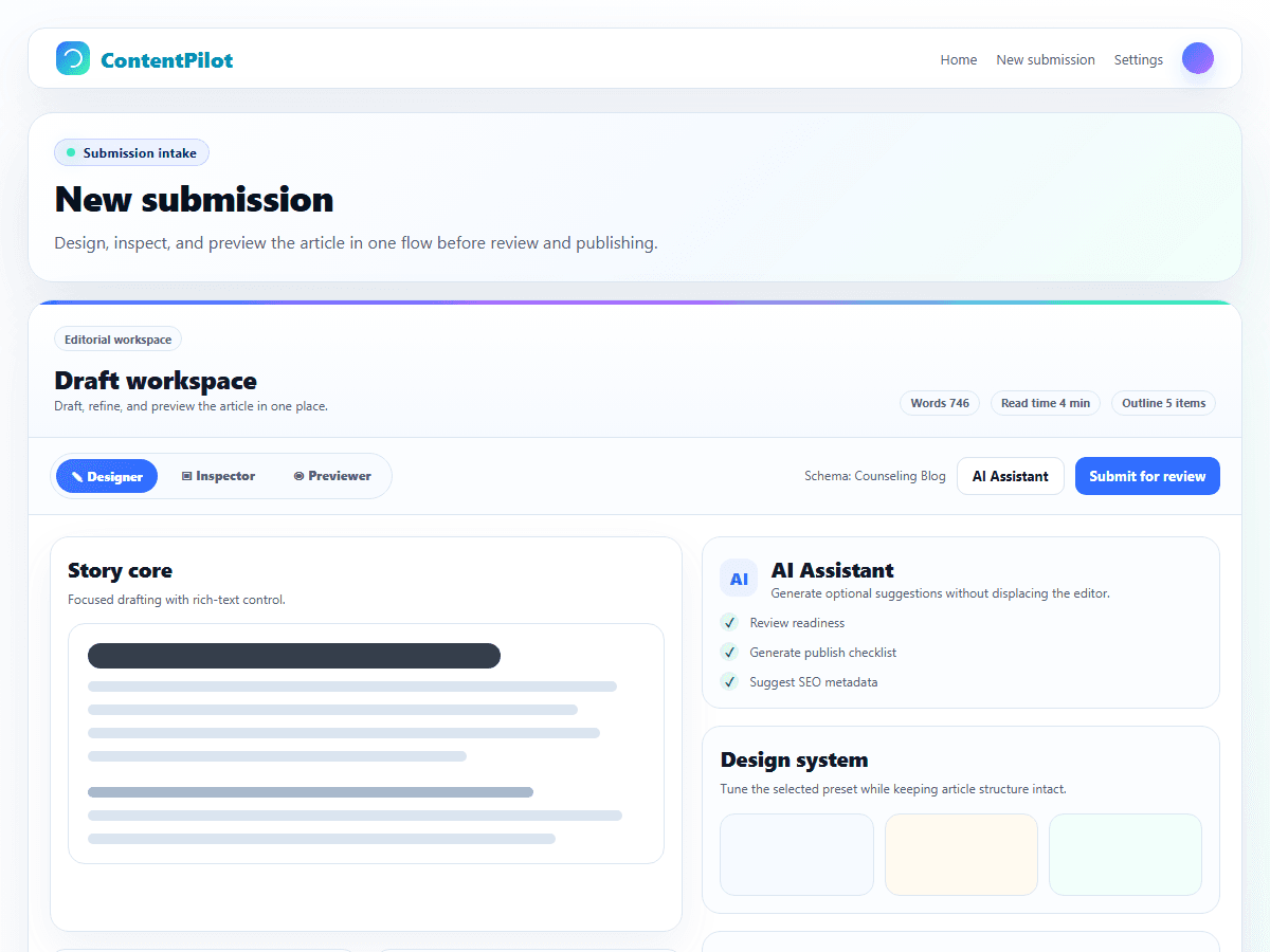 ContentPilot article editor with story fields and publishing details