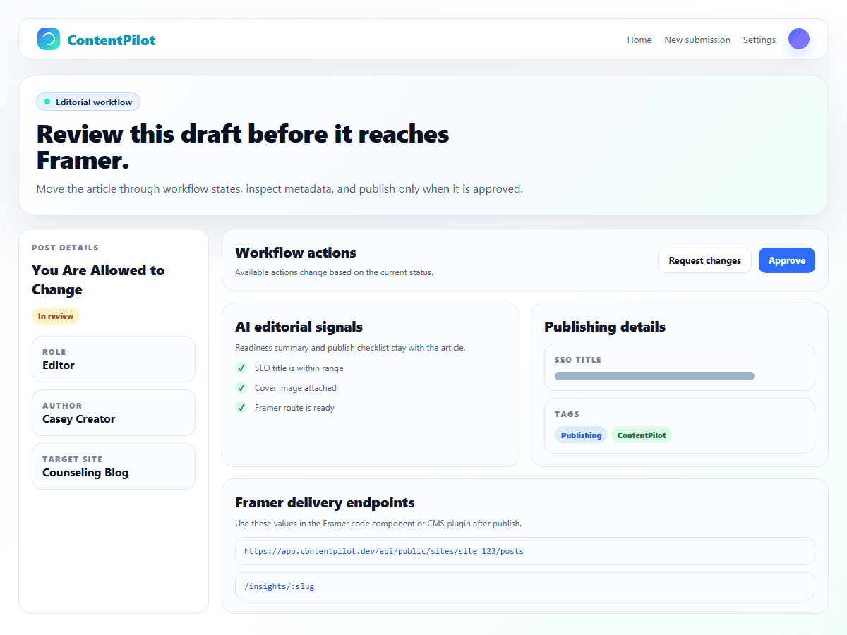 ContentPilot review page with article status, metadata, and Framer delivery settings